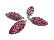 4 Handmade Glass Pinecone Ornaments Glitter Pink Red Ukraine In Box MOUTH Blown