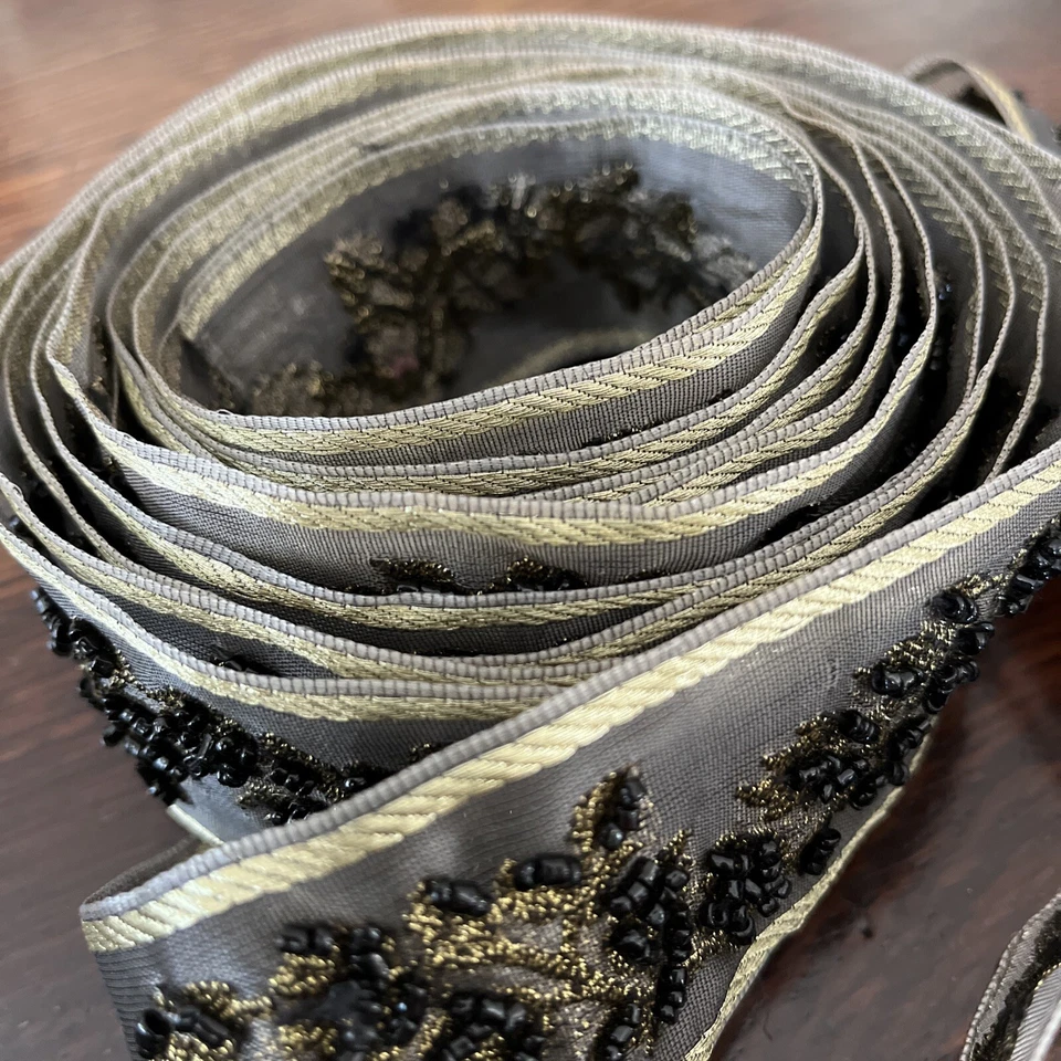 ELEGANT BEADED RIBBON 3 YARDS PLUS BLACK GOLD 1 3/4" WIDE GOLD EMBROIDERY   - Image 3 of 4