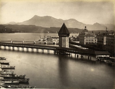 Schweiz Luzern überdachte Brücke Kapellbrücke altes Foto Sommer 1890