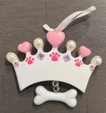 Princess Puppy Dog Paw Print & Heart Crown Personalizable Ornament W/ Bone