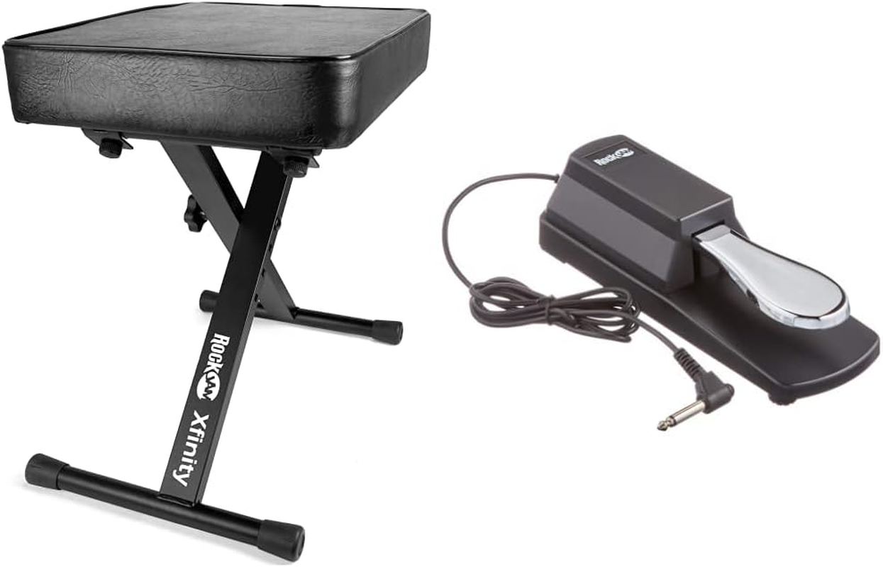 KB100 X-Style Adjustable Padded Keyboard Bench with Universal Sustain Pedal, Black