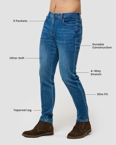 INTO THE AM Medium Indigo Mens Jeans - Legacy Stretch Denim Slim Fit Tapered Leg - Picture 2 of 6