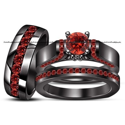3ct Red Garnet Wedding His Her Bridal Band Trio Ring Set 14k Black Gold Plated