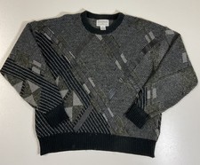 Vintage Expressions Geometric Sweater Sz M Leather Grandpa Funky 80s