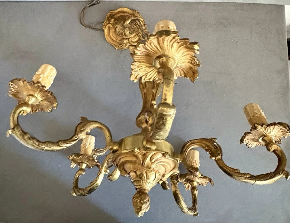 Louis XV Bronze Chandelier Ceiling Fixture 5 Light Bulbs.9lb. Victorian. French. - Image 3 of 4