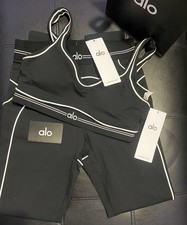 ALO Women's Black White Activewear Set Bra Leggings Elastic Waist