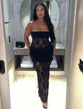 Stunning On Trend  Black Lace Panelled Slim Stretchy Strapless Dress 10-12 