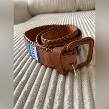 VINTAGE WOVEN FABRIC AND LEATHER BELT SIZE 33 INCHES