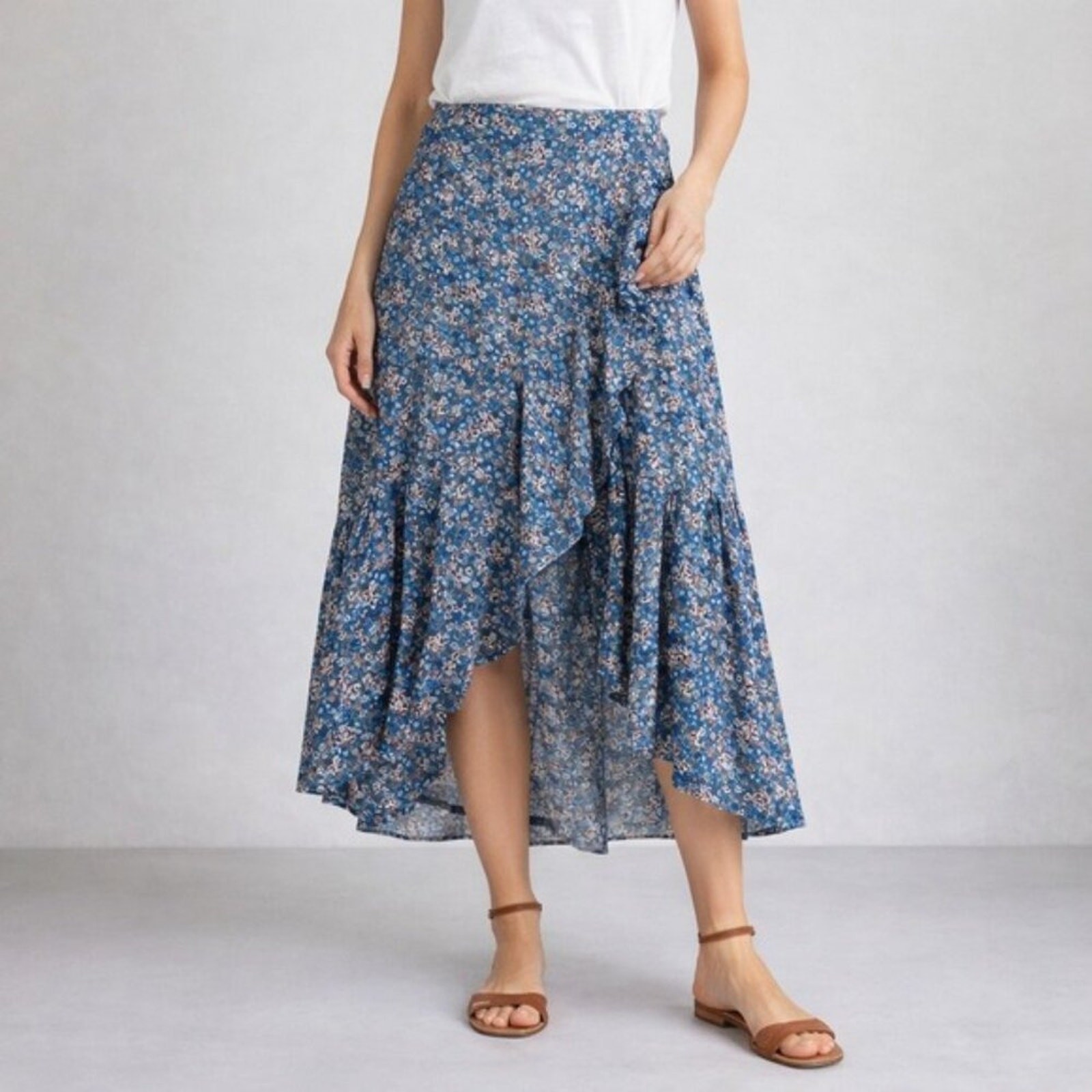 Skirt 4X Maxi Hi Lo Blue Floral Ruffle Faux Wrap Tiered Flowy Plus Size Boho New-image