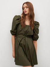 Mango MNG Cotton Poplin Puff Sleeve Belted Mini Dress Olive Green | Size S
