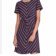Banana Republic Sheath Dress Womens 2P Navy Red Striped Twist Front Short Sleeve