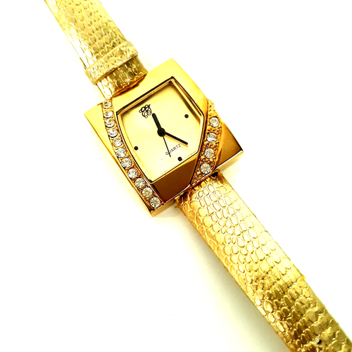 EJ Brand Women's Watch Gold Tone Case Rhinestones Faux Leather Embossed