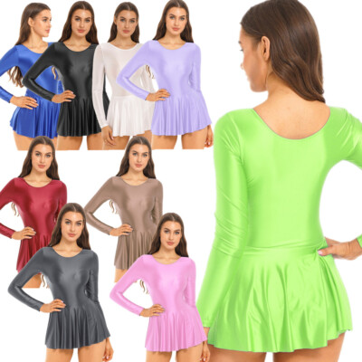 US Women Swimsuit One Piece Long Sleeve Glossy Silky Ruffled Sheer Leotard Dress