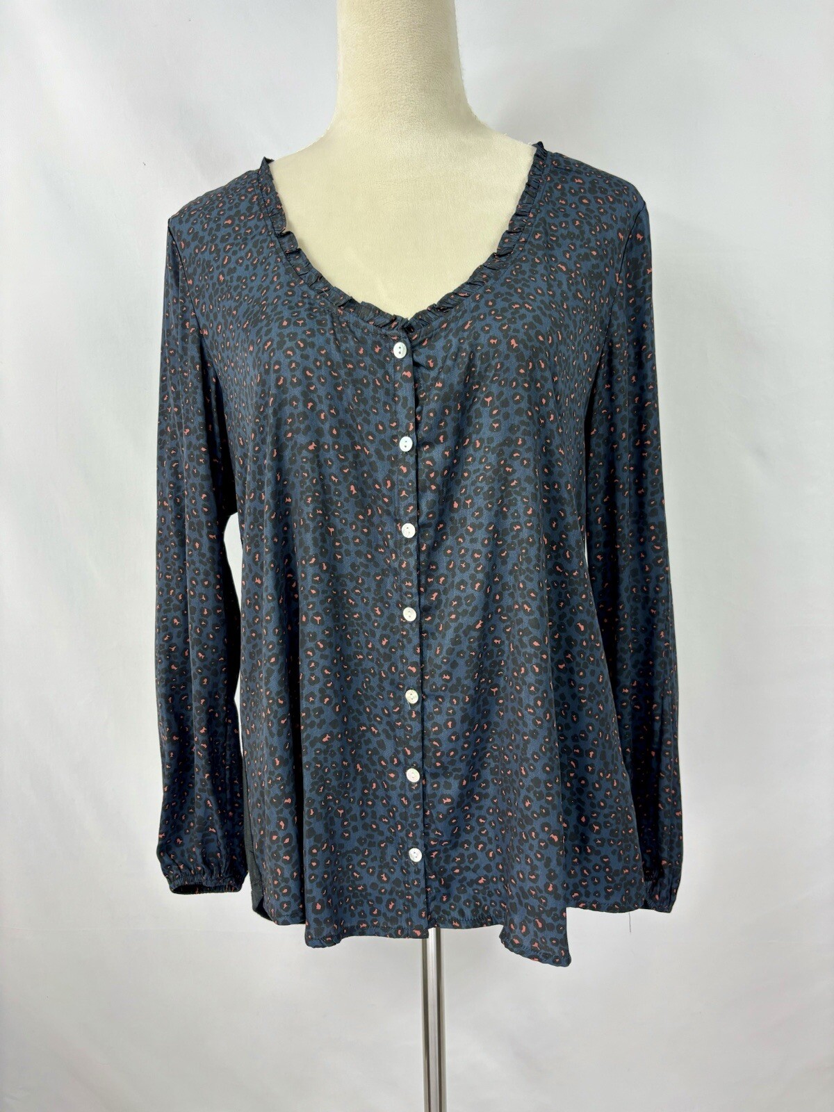 Dolan Anthropologie Marilyn Blouse Top Dark Blue Grey Black Animal Leopard Print