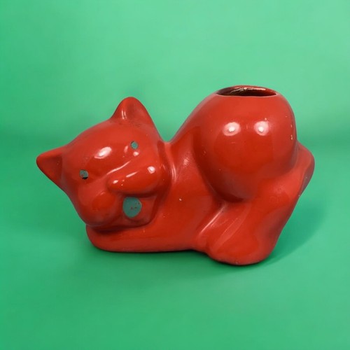 Red Ceramic Cat Planter / Cotton Ball Holder Figurine SMALL Vtg. STAINS & WEAR - Imagen 16 de 16