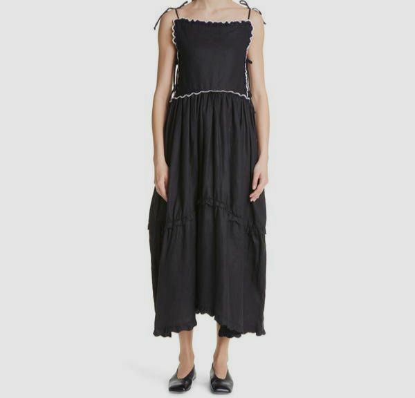 $950 Kika Vargas Women's Black Sleeveless Square Neck Linen Midi Dress Size S