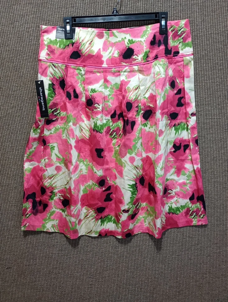 Sharagano 裙子女式 14 粉色白色花卉褶饰喇叭宽腰带 — 第 3/4 张图片