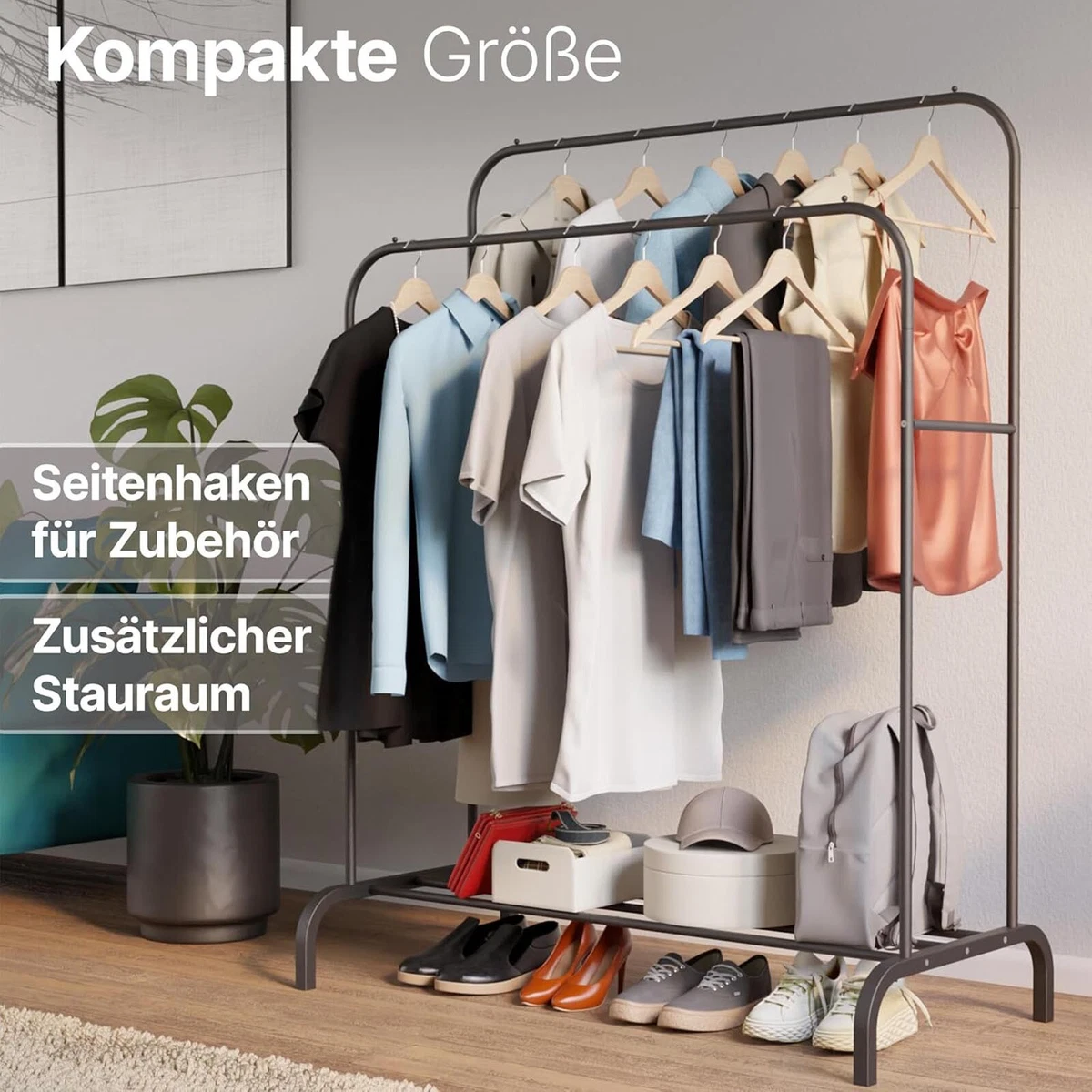 Metall Kleiderständer 145x110x55 cm Schwarz mit 2 Kleiderstangen 40 kg Traglast