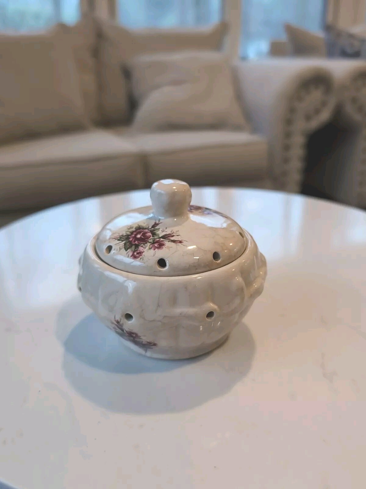 Vintage Athena Potpourri Jar, Vented Lid, Floral Design,  Ivory