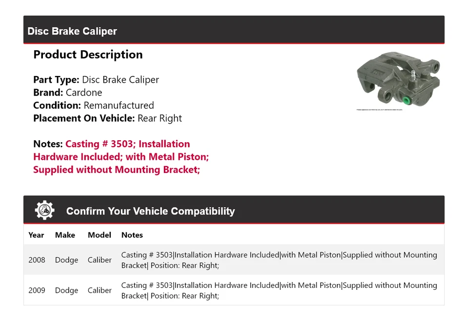 Pinza de freno de disco trasera derecha Cardone para Dodge Caliber 2008-2009 Foto 2 de 4