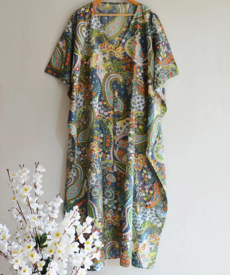 Indian Vintage 100% Cotton Long Beach Maxi Kaftan Dress One Size Caftan Kimono
Opens in a new window