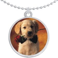 Puppy with Rose Round Pendant Necklace Beautiful Fashion Jewelry
