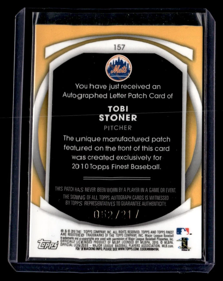 2010 Topps Finest TOBI STONER Card #157 RC PATCH AUTO #'d/217 LETTERMEN “O” - Image 2 of 3