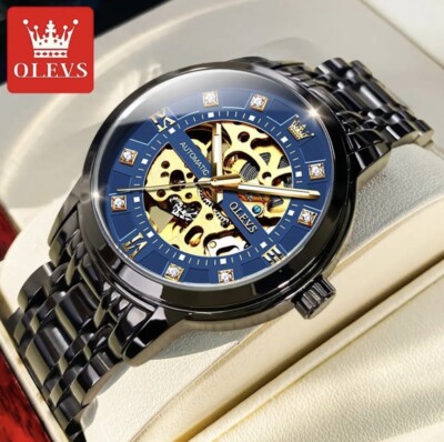 OLEVS Automatic Mechanical Wristwatch Stainless Steel New Skeleton Blue & Black
