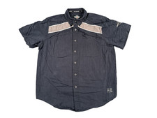 Harley Davidson Shirt Mens XL Black Mechanic Garage Work Patch Button Up Logo