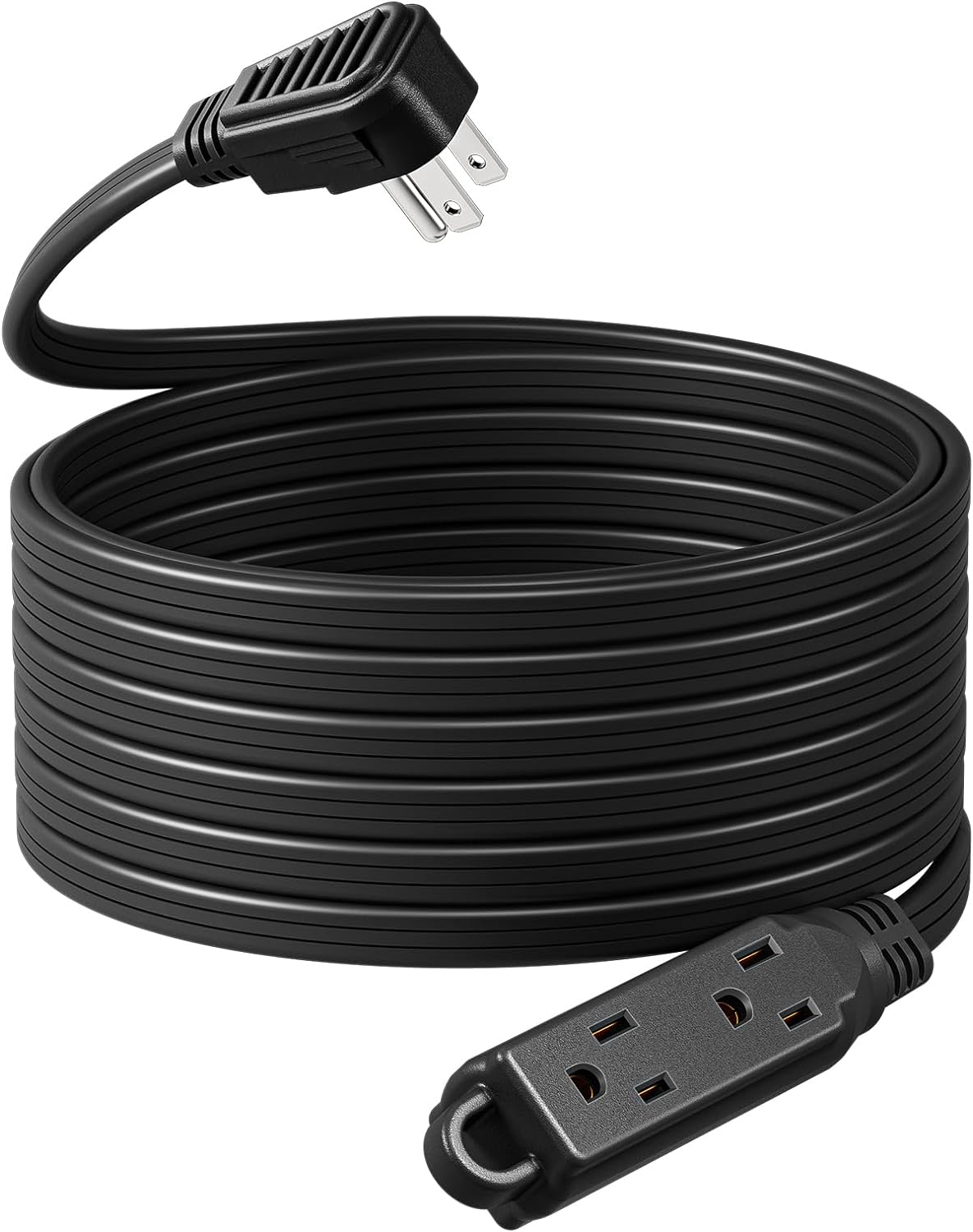 Flat Plug Extension Cord, 25 FT 16/3 Awg Grounded Power Cable, 3 Outlets Power S