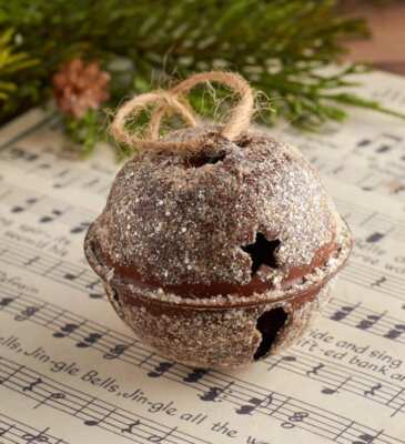 Lg. Farmhouse Christmas Rustic Glittered Jingle Bell Primitive Bell 2 1/2 