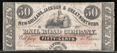 #ad July 1 1862 New Orleans Jackson amp; Great Northern Rail Road 50¢ Obsolete Note $89.99