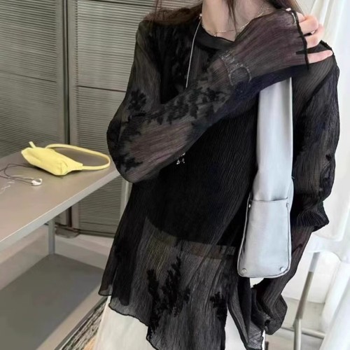 Women Lace Sheer T-shirts Tops Shirts Blouse Embroidered Floral Long Sleeve - Picture 2 of 10