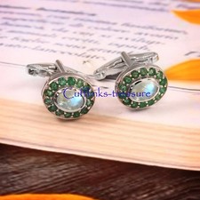 Natural Moonstone & Emerald Gemstone with  925 Sterling Silver Men Cufflinks#2