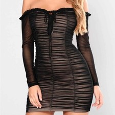 Dress Fashion Nova Black Nude Size Small Long-sleeve See-thru