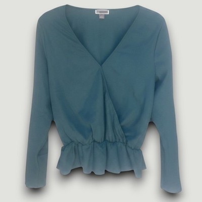 Chelsea28 Blouse Womens Teal Blue S Peplum Long Sleeve Business Casual Chic