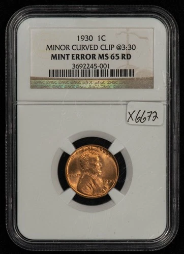 1930 1c Lincoln Wheat Cent Red - Mint Error Curved Clip - NGC MS 65 RD - X6672