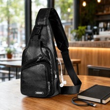 Black Chest Crossbody Bag Sling Backpack for Men with USB Charge Port