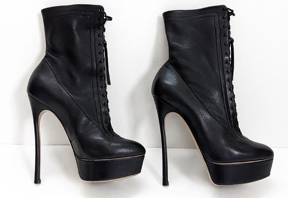 卡萨迪黑色皮革高跟鞋厚底细高跟短靴意大利制造 7 — 第 2/4 张图片