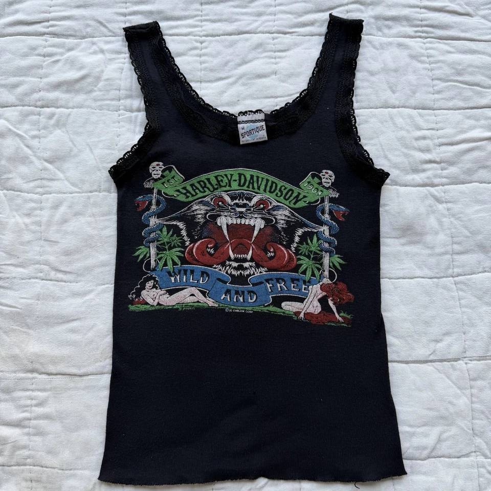 Camisa sin mangas vintage Harley Davidson Wild And Free emblema 3D para mujer de encaje años 80” Foto 2 de 4