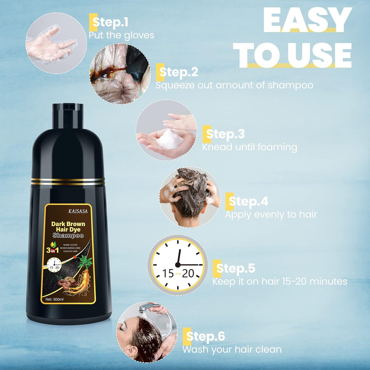 Dark Brown Hair Dye Shampoo & VC Clay Mask Bundle 3 in 1 Set