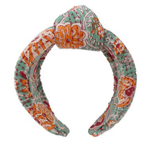 Headband Green with Orange Floral Pattern Top Knot Stitched NEW