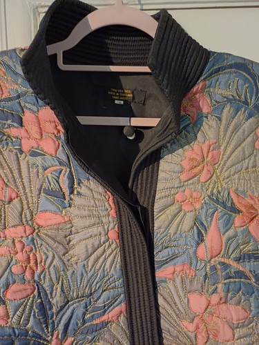 Vintage Jacket Green & Pink Floral 100% Silk Quilted Embroidered Bomber UK 16 - Picture 3 of 7