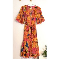 FARM Rio NWT Colorful Party Belted Midi Dress 3/4 Ruffle Bell Sleeve V-Neck S