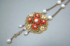 Vintage brass filigree, branch coral and freshwater pearl pendant necklace