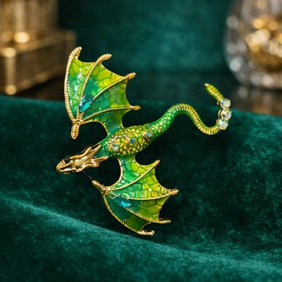 Vintage Gold Tone Green Enamel Flying Dragon Brooch with Rhinestone Accents | Fa