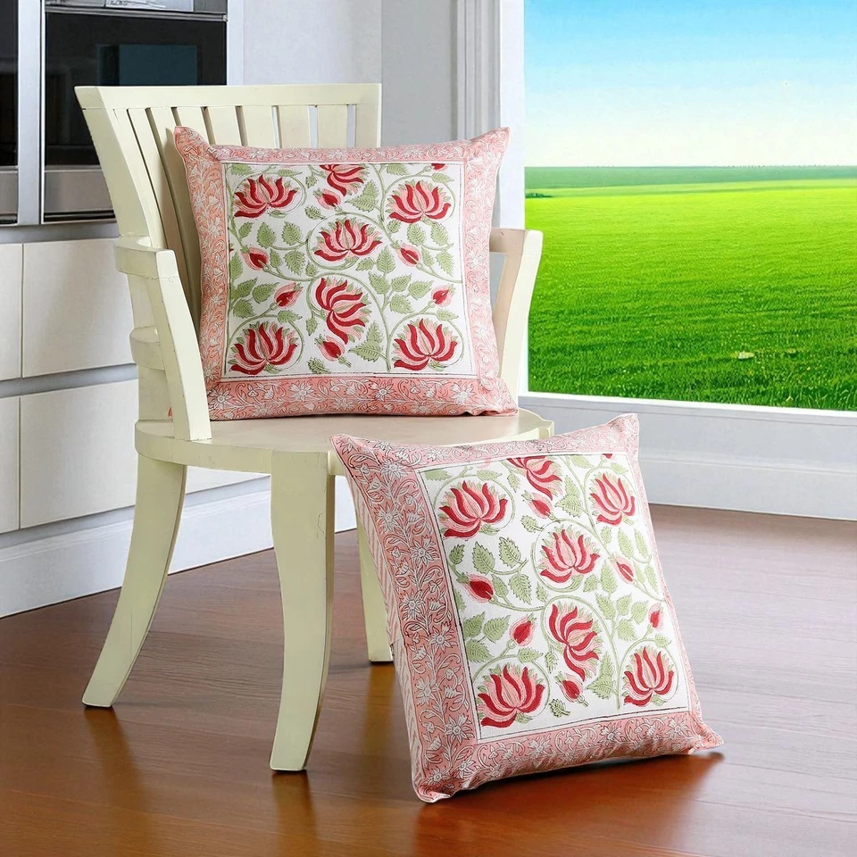 Juego de 2 fundas de cojín de algodón floral caléndula bloque de mano | 16x16 pulgadas Foto 4 de 4