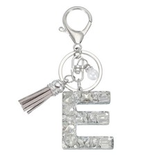 Initial Letter Keychain with Tassel Alphabet Letter E Keyring Silver