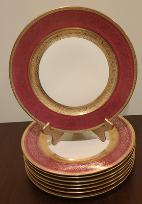 Rosenthal Dinner Plates Maroon & Gold Encrusted Dinner Plates 10.5 Inch Set of 8