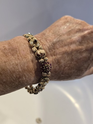 Vintage Solid Yellow Gold Diamonds Multi Gemstone Slide Charm Bracelet 8" - Picture 4 of 17